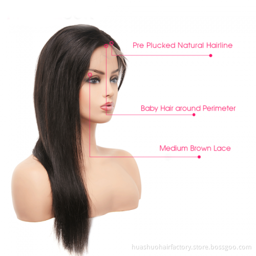 Huashuo Free Shipping 13*4 Lace Front Wig With Baby Hair Brazilian Virgin Human Hair Wigs With Bangs Silky Straight